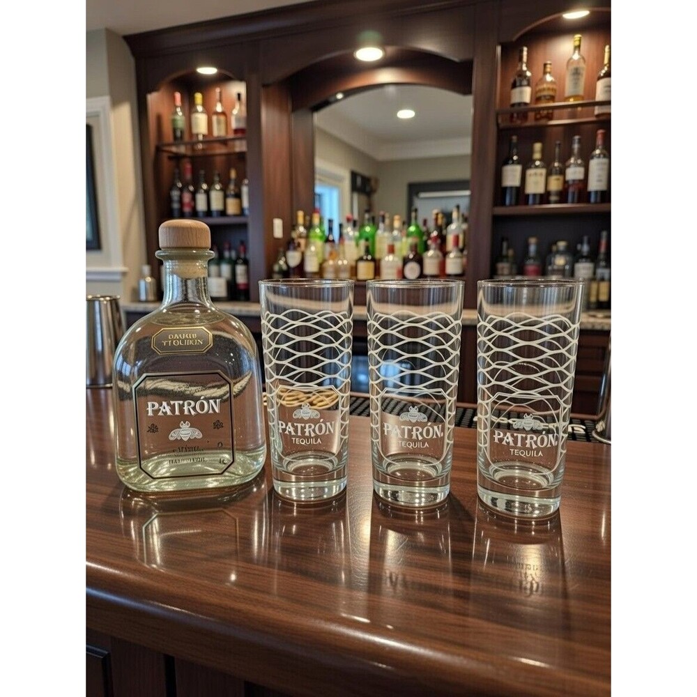 Set of 3 PATRON Tequila Highball Glasses Etched Bee Logo 10oz
